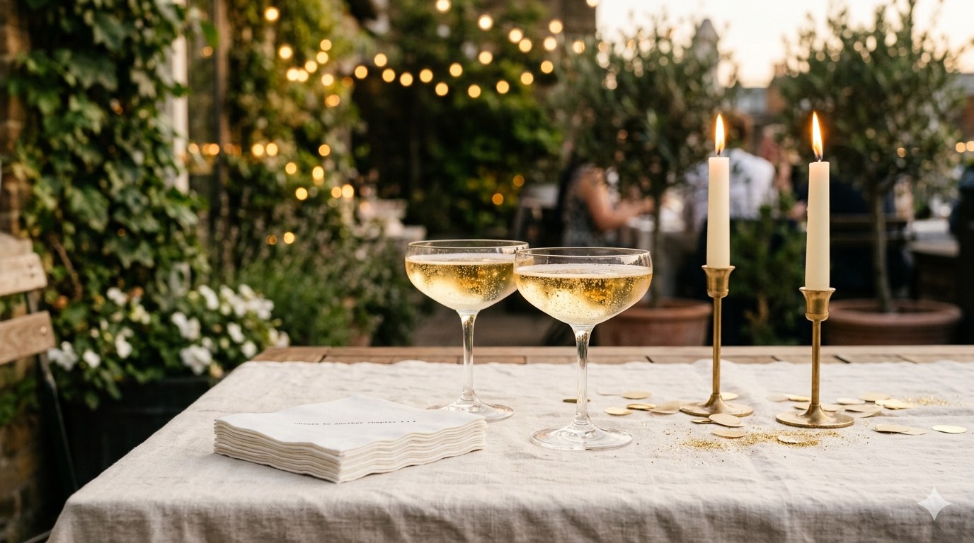 An elegant outdoor evening birthday table — champagne coupes, lit candles, string lights and a stack of Five Star cotton napkins.