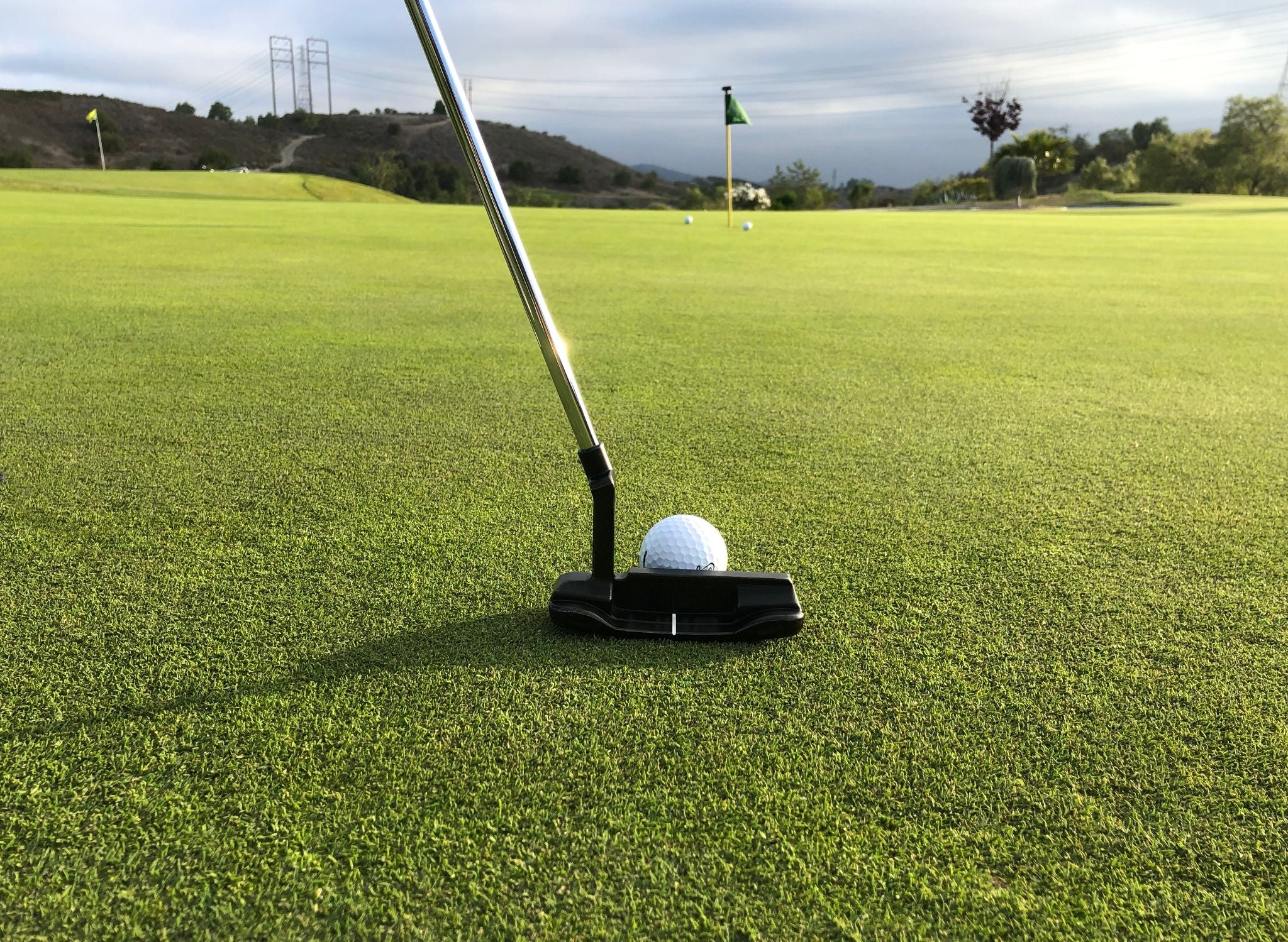 Putter lined up beside a golf ball on a manicured green, with a distant flag.