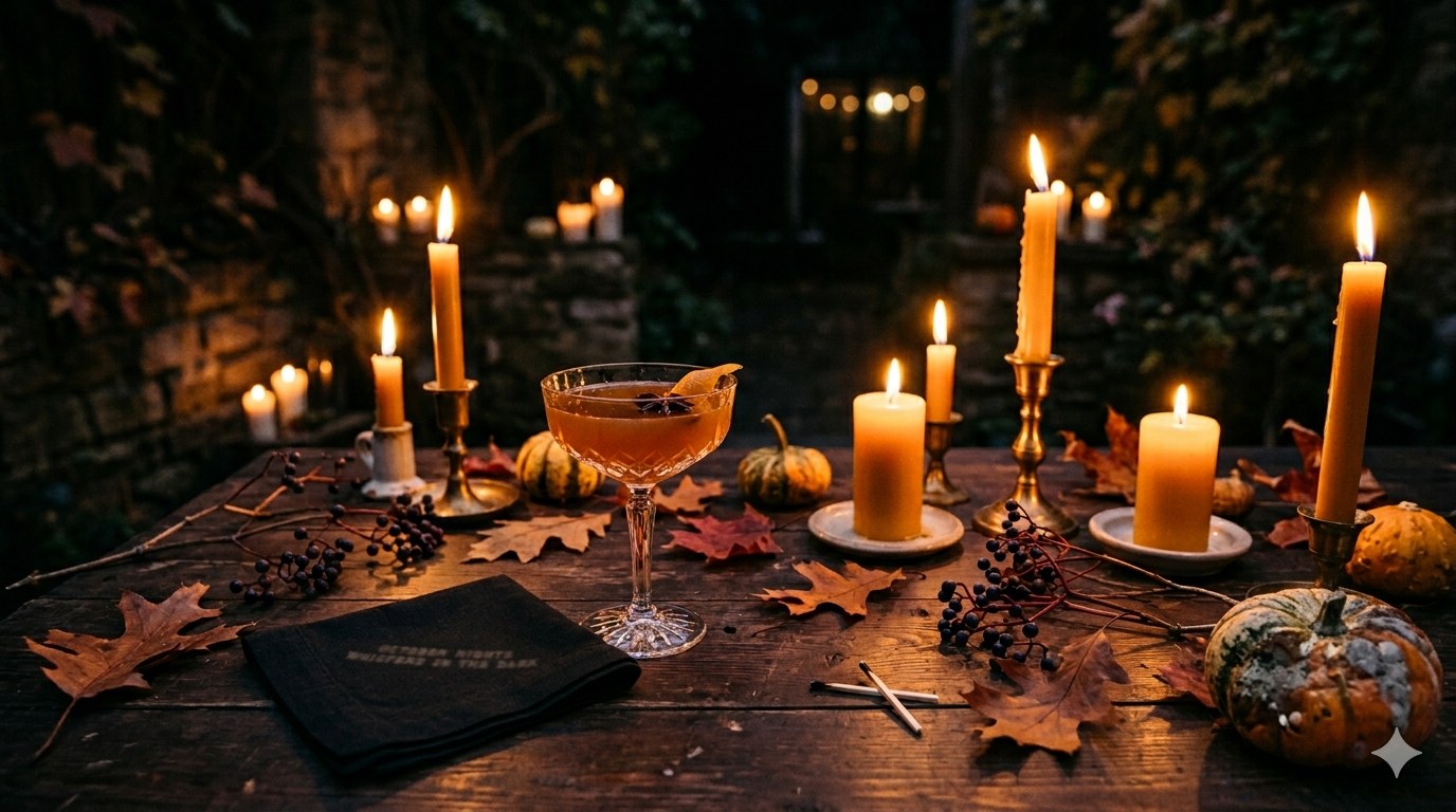 A moody candlelit autumn cocktail table at night — an amber cocktail, scattered leaves and a dark Five Star cotton napkin.