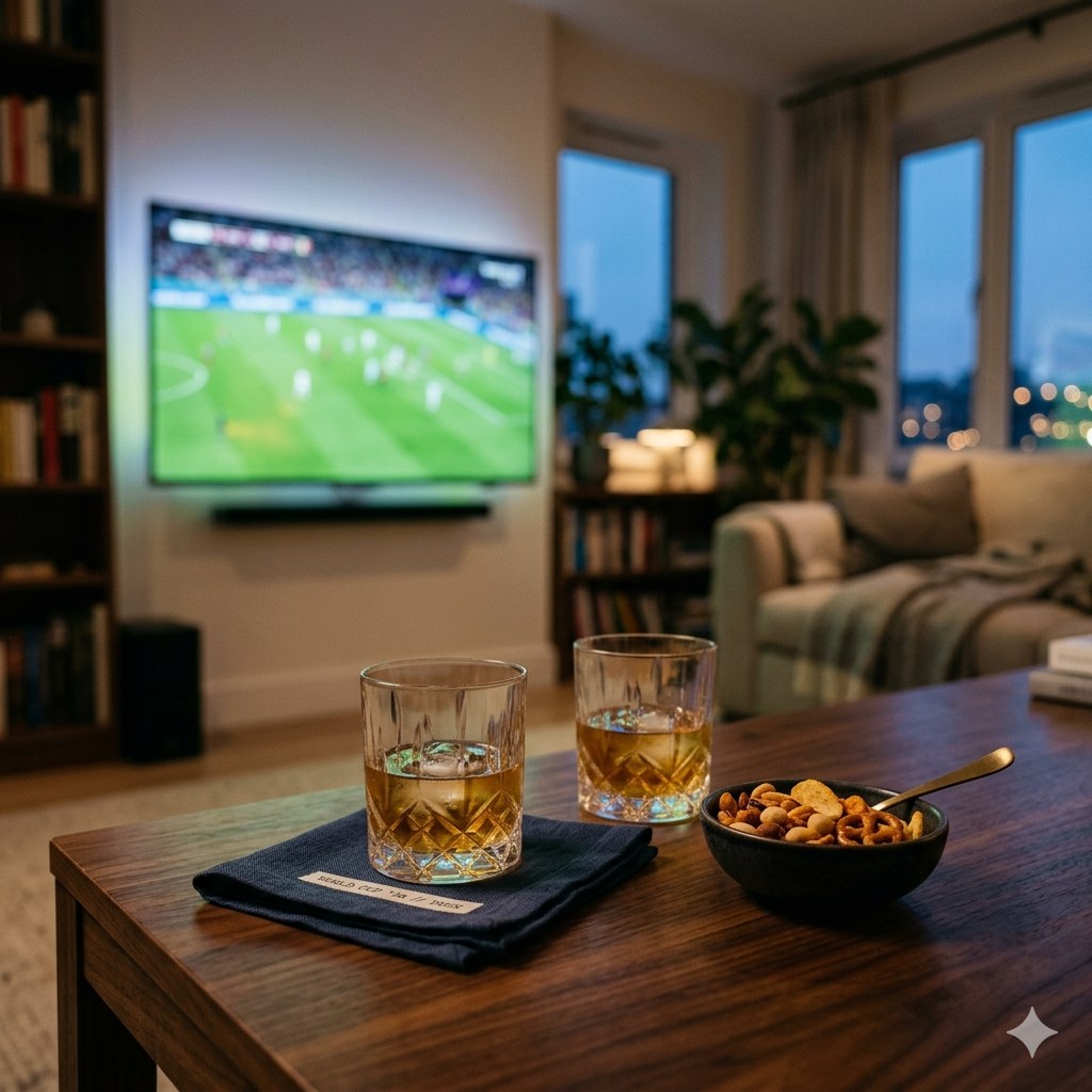 A premium living-room World Cup watch party at dusk — the match on screen, whisky tumblers resting on a navy Five Star cotton napkin.